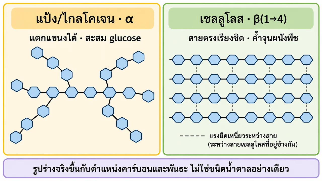 ภาพ schematic ของพอลิแซ็กคาไรด์สองแบบ: แป้งหรือไกลโคเจนมีสายกลูโคสแตกแขนง ส่วนเซลลูโลสมีสาย β(1→4) ตรงเรียงขนานและมีแรงยึดระหว่างสาย