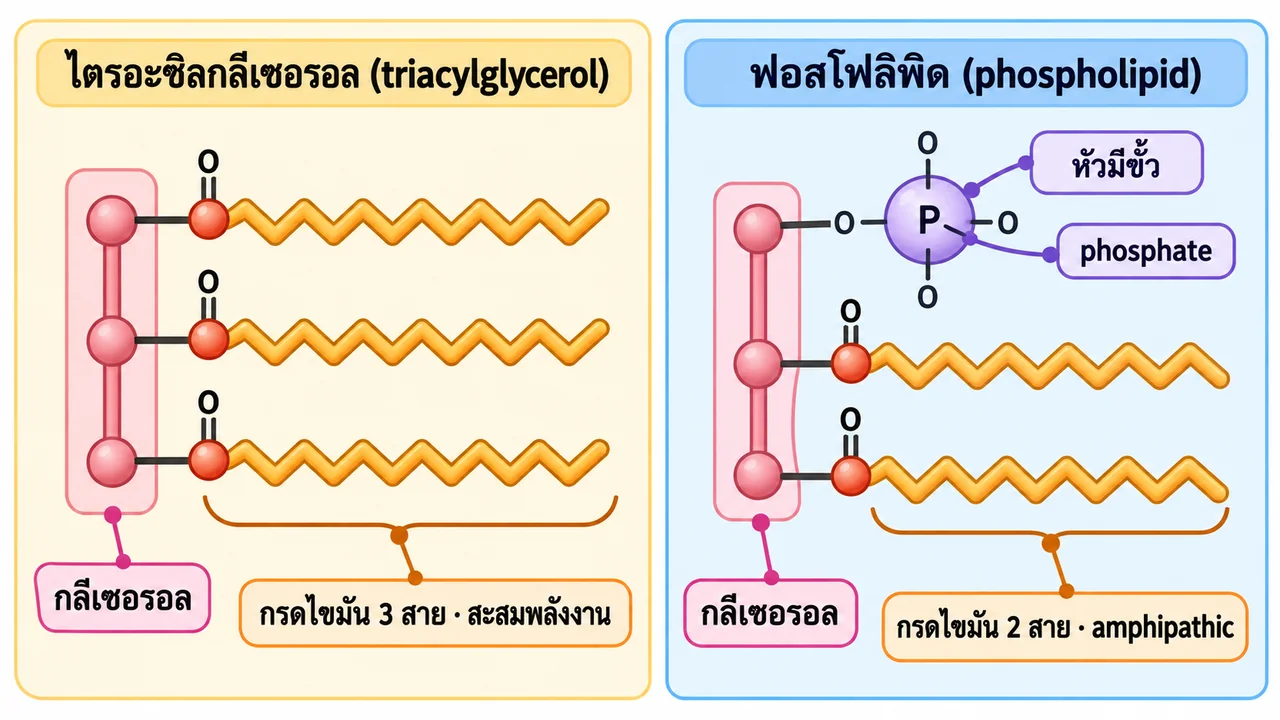 ภาพสองแผงแสดงโครงสร้าง triacylglycerol ที่มี glycerol และกรดไขมันสามสาย เทียบกับ phospholipid ที่มีหัว phosphate และหางกรดไขมันสองสาย