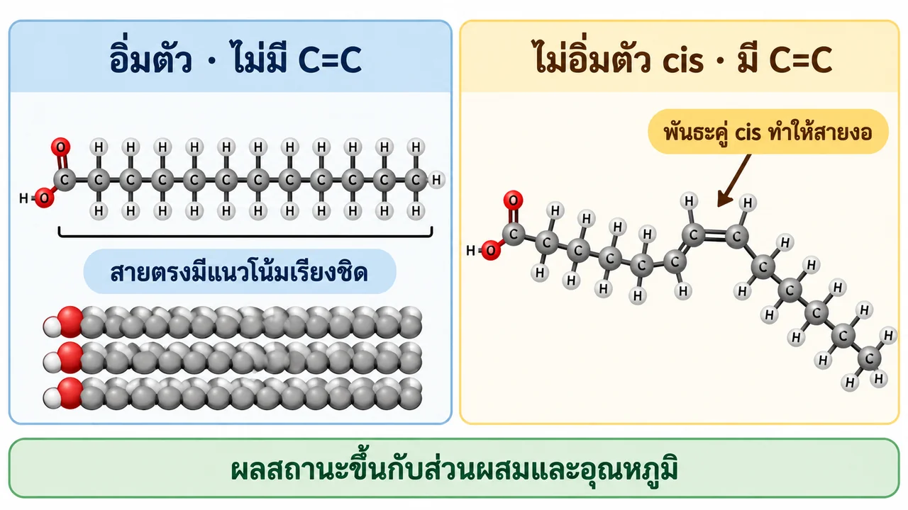 ภาพแสดงสายอิ่มตัวที่ตรงไม่มีพันธะคู่ C=C และสายไม่อิ่มตัวแบบ cis ที่พันธะคู่ทำให้เกิดข้อพับ พร้อมหมายเหตุว่าสถานะขึ้นกับส่วนผสมและอุณหภูมิ