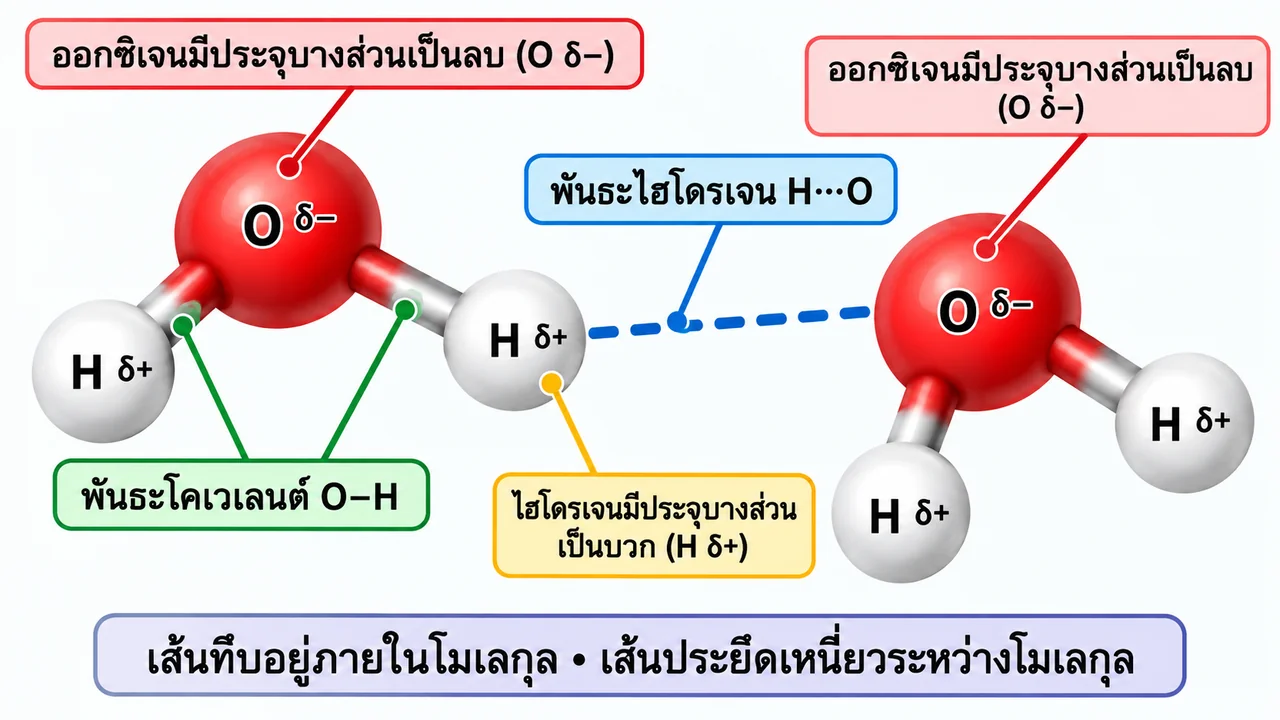 ภาพแสดงน้ำสองโมเลกุล โดยออกซิเจนมีประจุบางส่วนเป็นลบและไฮโดรเจนเป็นบวก เส้นทึบเชื่อม O–H ในโมเลกุล ส่วนเส้นประเชื่อม H ของโมเลกุลหนึ่งกับ O ของอีกโมเลกุล