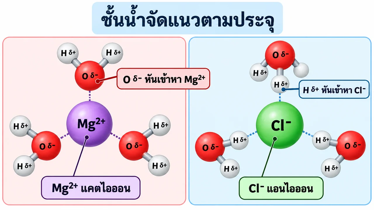 ภาพเปรียบเทียบชั้นน้ำรอบ Mg²⁺ กับ Cl⁻ โดย O δ− ของโมเลกุลน้ำหันเข้าหา Mg²⁺ ส่วน H δ+ หันเข้าหา Cl⁻