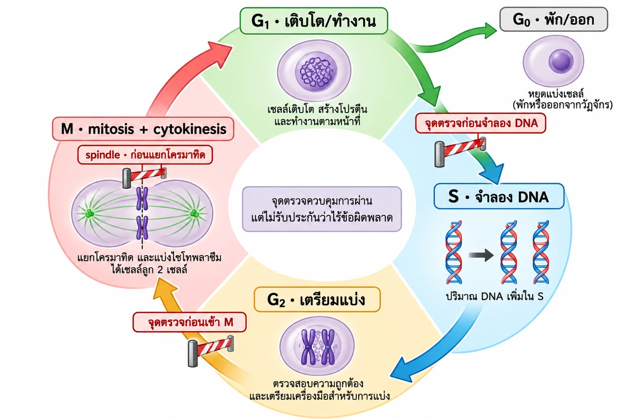 แผนภาพวงจร G₁, S, G₂ และ M พร้อมลูกศรย้อนกลับสู่ G₁, กิ่ง G₀, ปริมาณ DNA ที่เพิ่มเฉพาะช่วง S และจุดตรวจที่ G₁/S, G₂/M และ spindle ก่อนแยกโครมาทิด