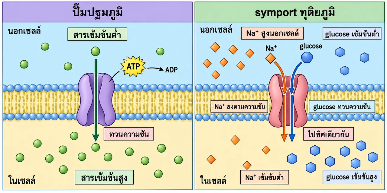 เยื่อฟอสโฟลิพิดแบ่งสองภาพ: ปั๊มใช้ ATP ขนสารจากเข้มข้นต่ำไปสูง และ symporter พา Na⁺ กับ glucose เข้าสู่เซลล์ทิศเดียวกัน โดย Na⁺ ลงตามความชันและ glucose ทวนความชัน