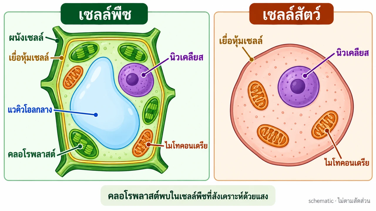 แผนภาพสองช่องแสดงเซลล์พืชที่มีผนังเซลล์ เยื่อหุ้มเซลล์ แวคิวโอลกลาง คลอโรพลาสต์ นิวเคลียส และไมโทคอนเดรีย เทียบกับเซลล์สัตว์ที่ไม่มีผนังเซลล์และคลอโรพลาสต์