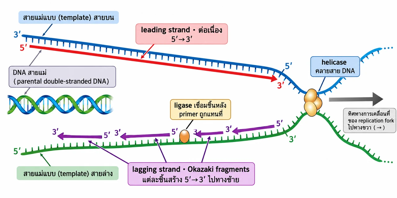 แผนภาพ fork ไปทางขวา: แม่แบบบน 3′→5′ กำกับ leading strand ที่สร้างต่อเนื่อง 5′→3′; แม่แบบล่างมีทิศตรงข้ามจึงสร้าง Okazaki fragments ไปทางซ้าย แต่ละชิ้นยังเป็น 5′→3′ และ ligase เชื่อมรอยต่อ
