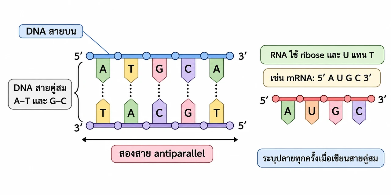 สาย DNA บนอ่าน 5′→3′ จับคู่กับสายล่าง 3′→5′ ตามลำดับ A–T, T–A, G–C, C–G, A–T; ด้านข้างเป็น RNA สายเดี่ยว 5′ AUGC 3′ ที่มี U