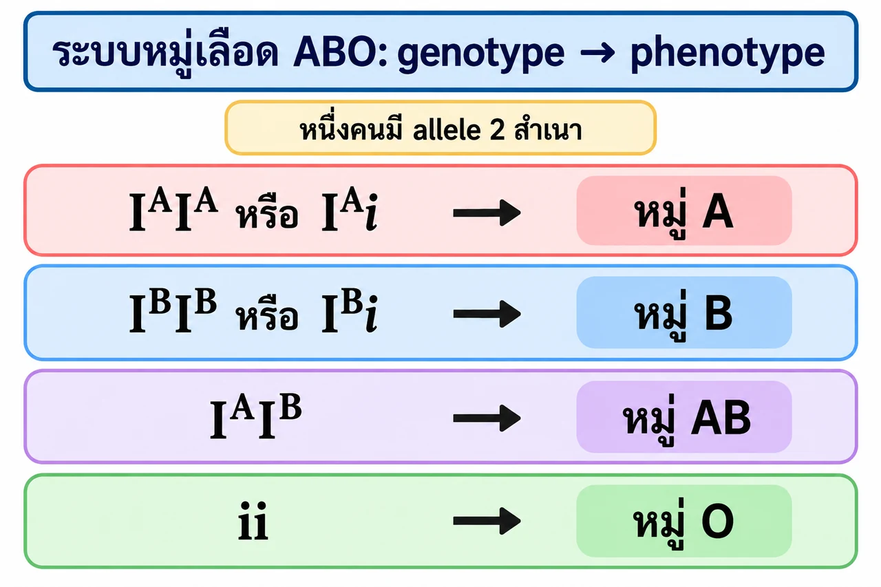 IᴬIᴬ หรือ Iᴬi ให้หมู่ A; IᴮIᴮ หรือ Iᴮi ให้หมู่ B; IᴬIᴮ ให้หมู่ AB; ii ให้หมู่ O พร้อมข้อความว่าหนึ่งคนมี allele สองสำเนา