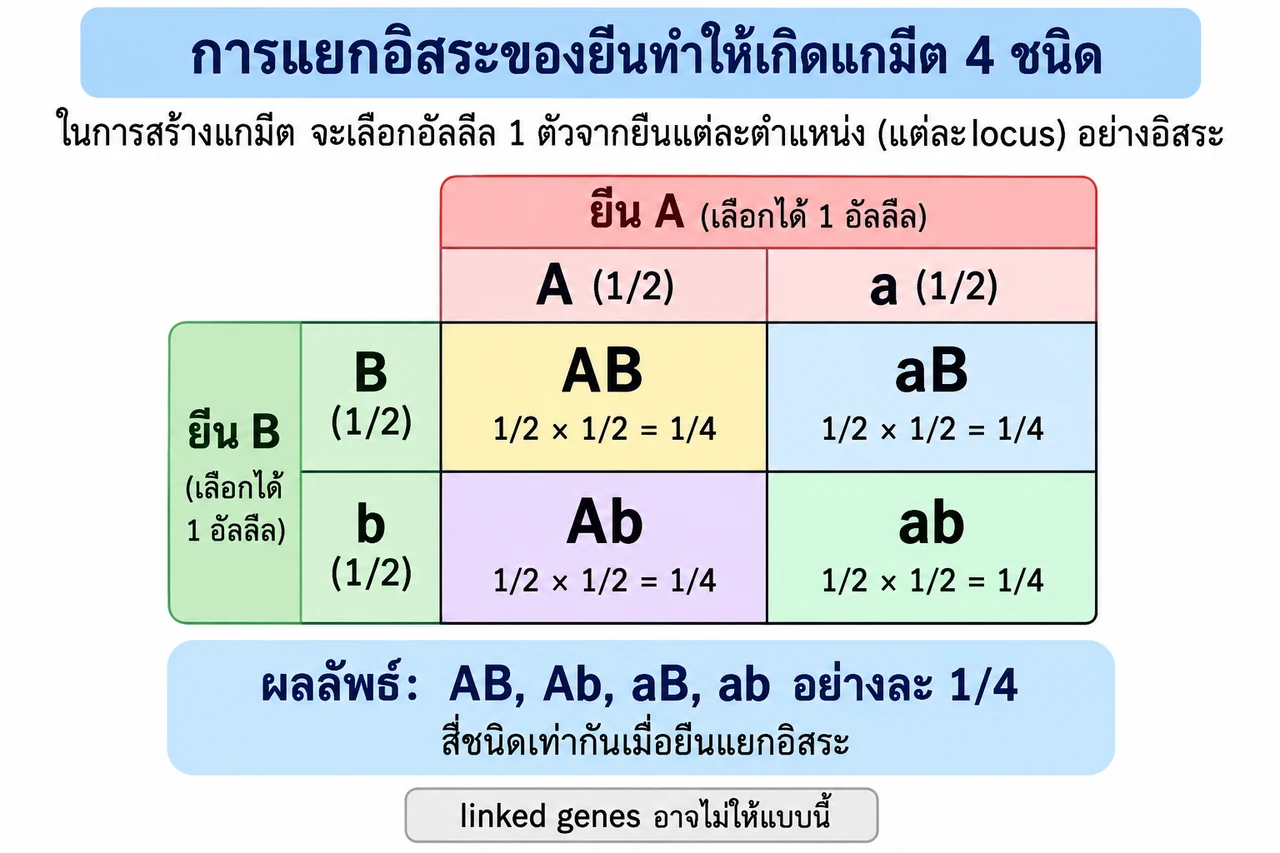 คอลัมน์ A และ a กับแถว B และ b สร้าง AB, aB, Ab และ ab โดยแต่ละชุดมีโอกาส 1/4 เมื่อยีนแยกอิสระ; มีหมายเหตุว่า linked genes อาจไม่เท่ากัน