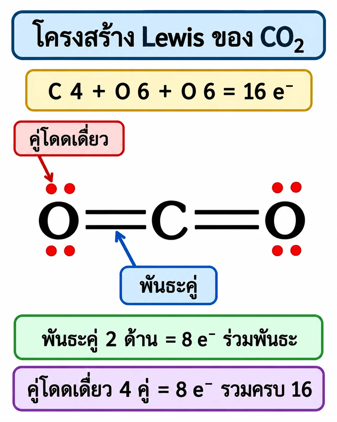 โครงสร้าง O=C=O โดยมีพันธะคู่สองด้านและคู่โดดเดี่ยวสี่คู่บนออกซิเจน สังเกตการรวมอิเล็กตรอนเวเลนซ์ครบ 16 ตัว