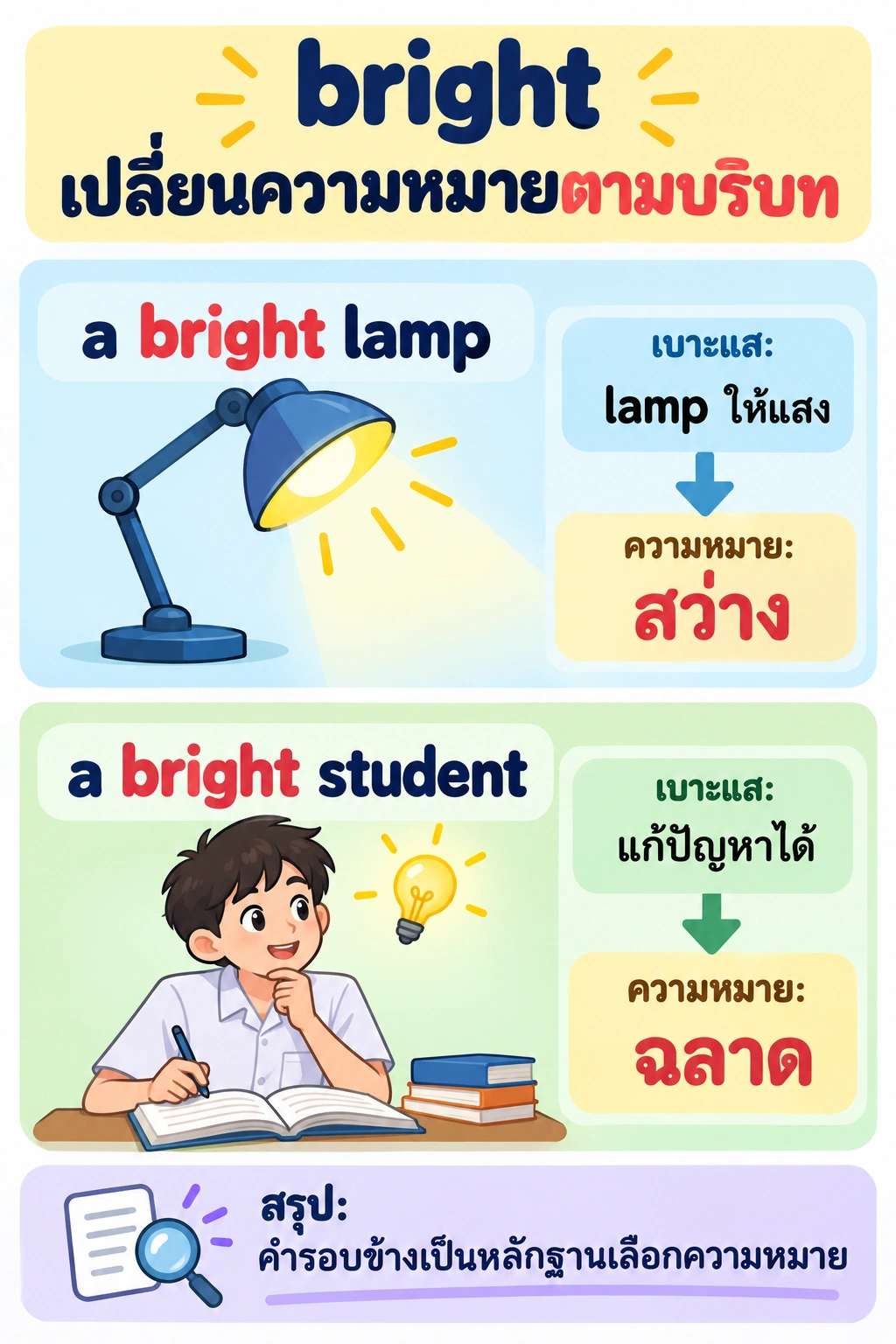 ภาพแบ่งเป็นสองตัวอย่าง: lamp ให้แสงเชื่อมไปยังความหมายสว่าง และ student ที่แก้ปัญหาได้เชื่อมไปยังความหมายฉลาด; สังเกตว่าเบาะแสของแต่ละบริบทเลือกความหมายคนละแบบ