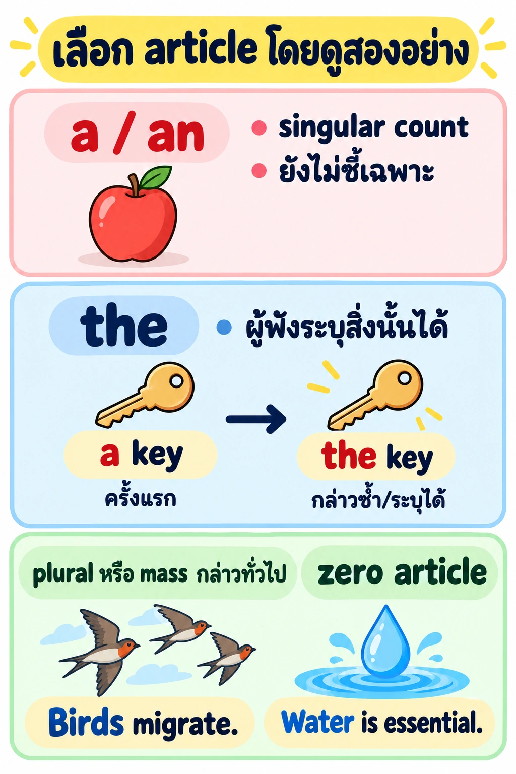 อินโฟกราฟิกสามส่วน: a/an อยู่กับ singular count ที่ยังไม่ชี้เฉพาะ; a key ครั้งแรกชี้ด้วยลูกศรไป the key เมื่อกล่าวซ้ำ; ส่วนล่างแสดง Birds migrate. และ Water is essential. เป็น plural/mass ที่กล่าวทั่วไปโดยไม่มี article.