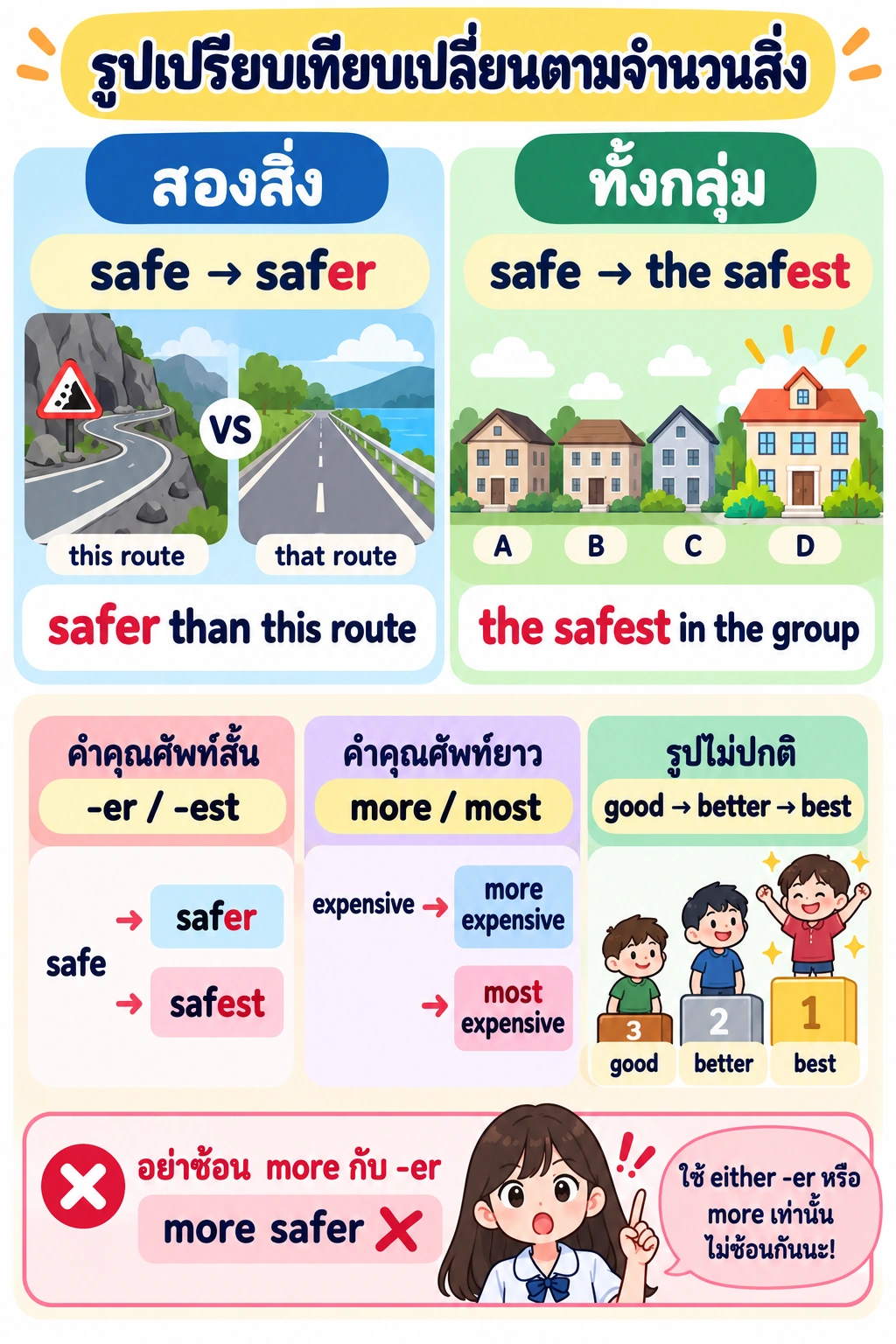 ฝั่งซ้ายเทียบเส้นทางสองเส้นด้วย safer than this route; ฝั่งขวาเน้น the safest ในกลุ่มบ้าน; แถวล่างสรุปรูปสั้น รูปยาว รูปไม่ปกติ และทำเครื่องหมาย more safer ว่าไม่ถูก.