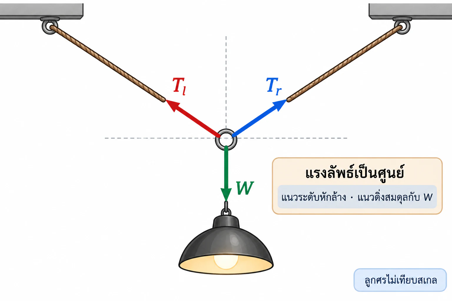 วงแหวนต่อโคมรับ Tₗ ตามเชือกซ้าย Tᵣ ตามเชือกขวา และ W ชี้ลง เส้นประบอกแนวระดับกับแนวดิ่งและข้อความระบุว่าแรงลัพธ์เป็นศูนย์